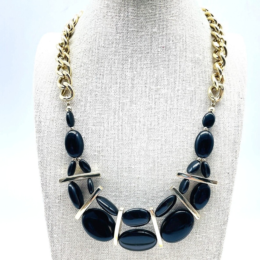 Charming Charlie Signed Statement Necklace Black Gold Tone Chunky Bib